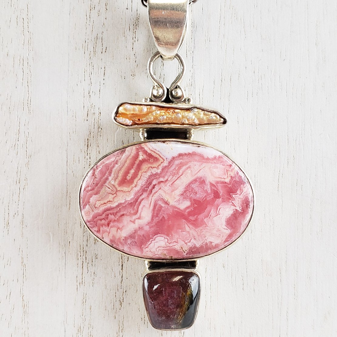 Sterling Silver Rhodochrosite Rope Necklace with Garnet and Keshi Pearl, 22" 46.3 grams