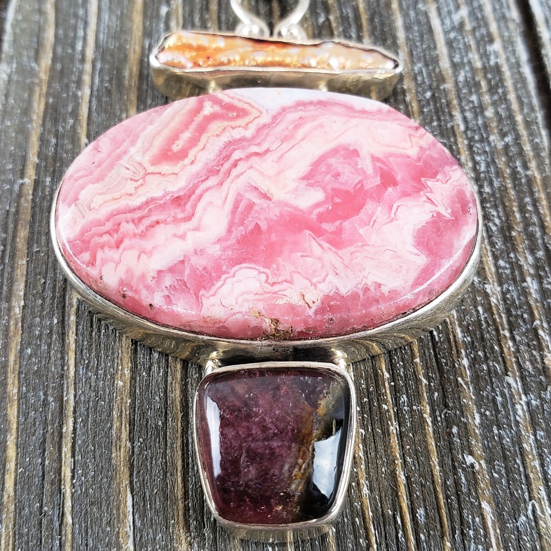 Rhodochrosite, charoite and keshi pearl pendant  