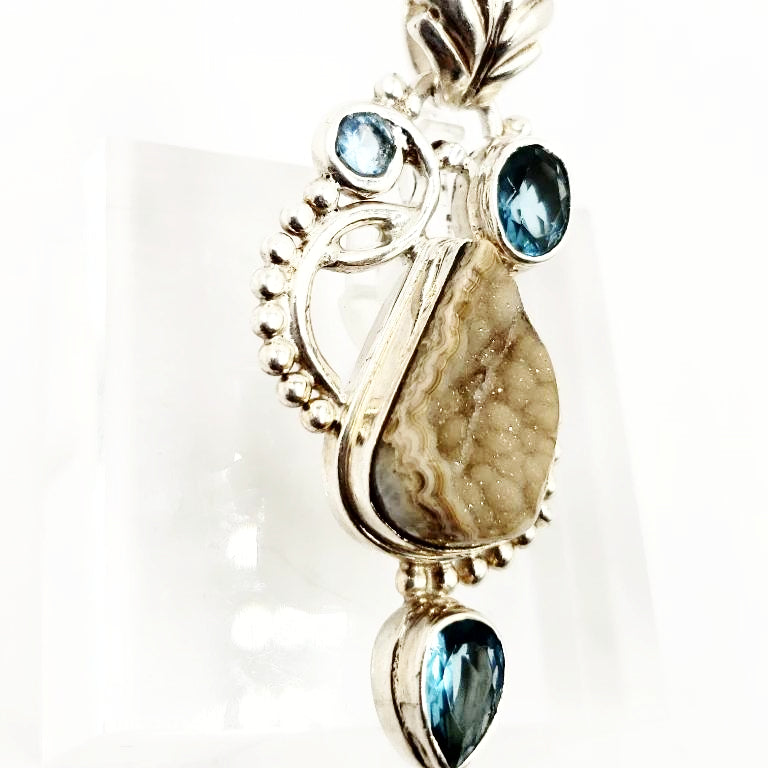 Sterling Silver Pendant White Druzy and Apatite - Elevated Metaphysical
