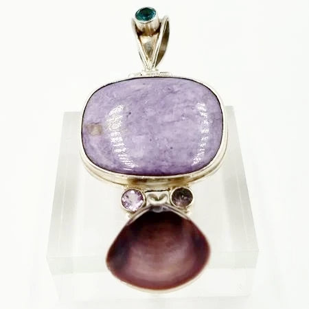 Charoite Pendant Sterling Silver Amthyst Apatite and Shell - Elevated Metaphysical