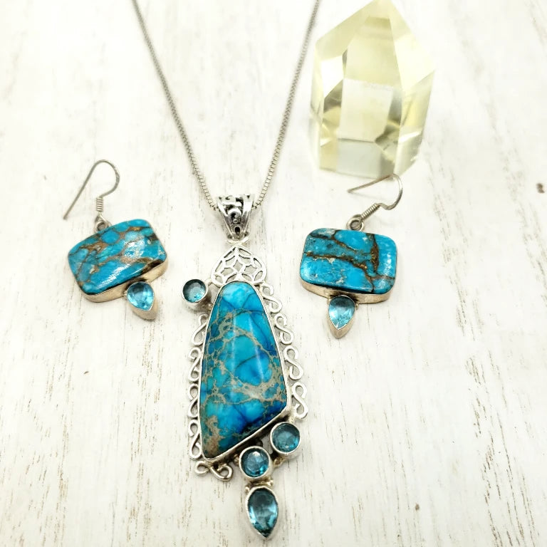 Sterling Silver Blue Apatite Necklace & Earring Jewelry Set