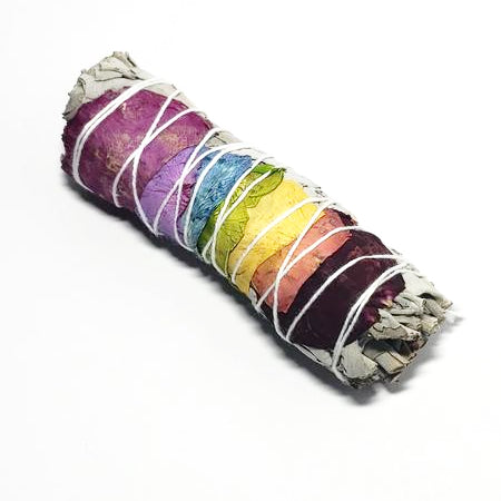 White Sage & Rose Petals Chakra Smudge Wand Stick 4" - Incense and Herbs - Elevated Metaphysical