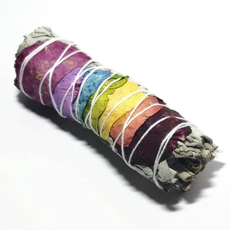 White Sage & Rose Petals Chakra Smudge Wand Stick 4" - Incense and Herbs - Elevated Metaphysical