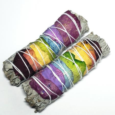 White Sage & Rose Petals Chakra Smudge Wand Stick 4" - Incense and Herbs - Elevated Metaphysical