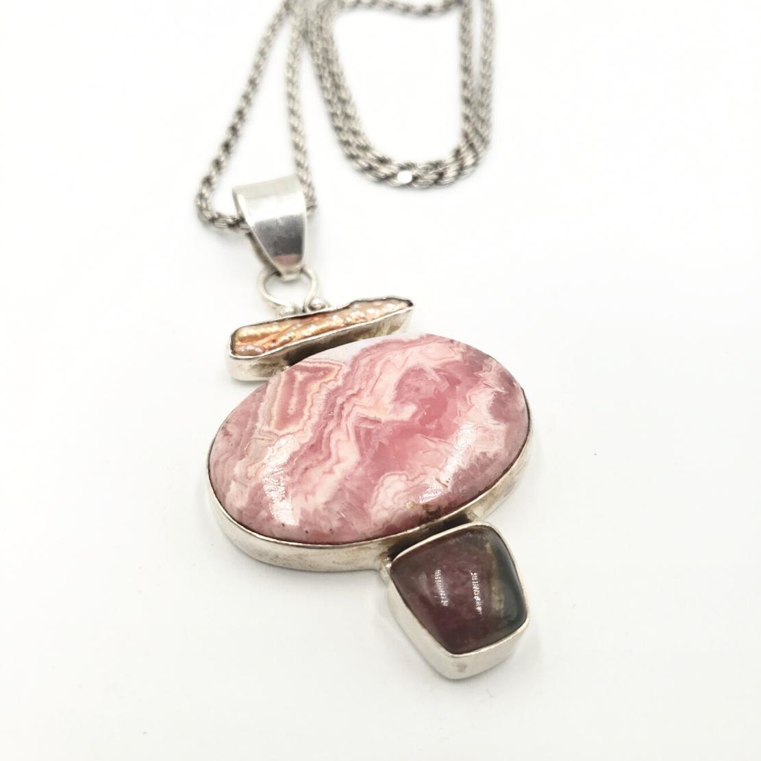 Sterling Silver Rhodochrosite Rope Necklace with Garnet and Keshi Pearl, 22" 46.3 grams