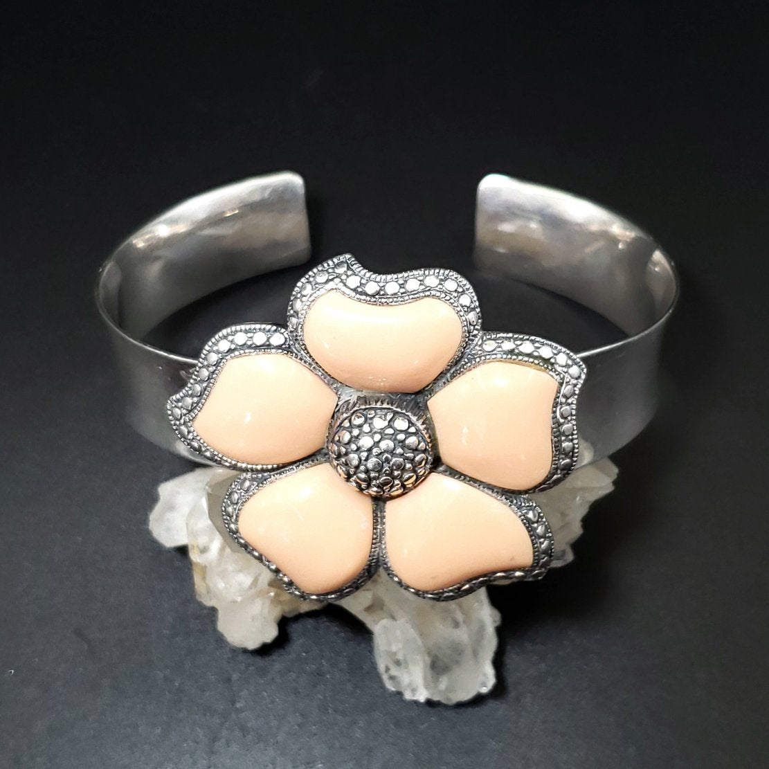 Peach NK Thailand Enamel Sterling Silver Flower Bracelet Cuff Vintage - Bracelet