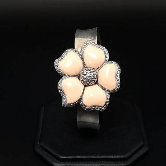 Peach NK Thailand Enamel Sterling Silver Flower Bracelet Cuff Vintage - Bracelet