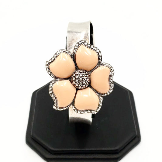 Peach NK Thailand Enamel Sterling Silver Flower Bracelet Cuff Vintage - Bracelet