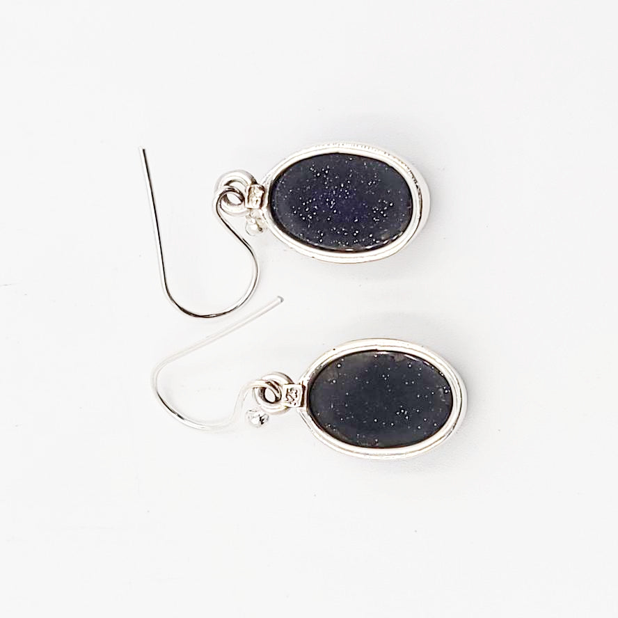 Blue Sandstone Earrings Sterling Silver Dangle Oval Blue Goldstone - Elevated Metaphysical