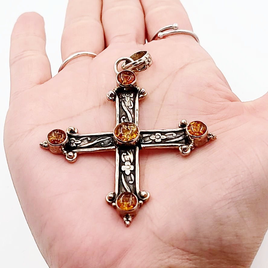 Amber Cross Sterling Silver Pendant - Elevated Metaphysical