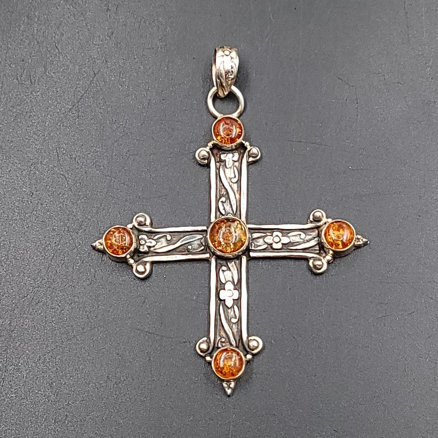 Amber Cross Sterling Silver Pendant - Elevated Metaphysical