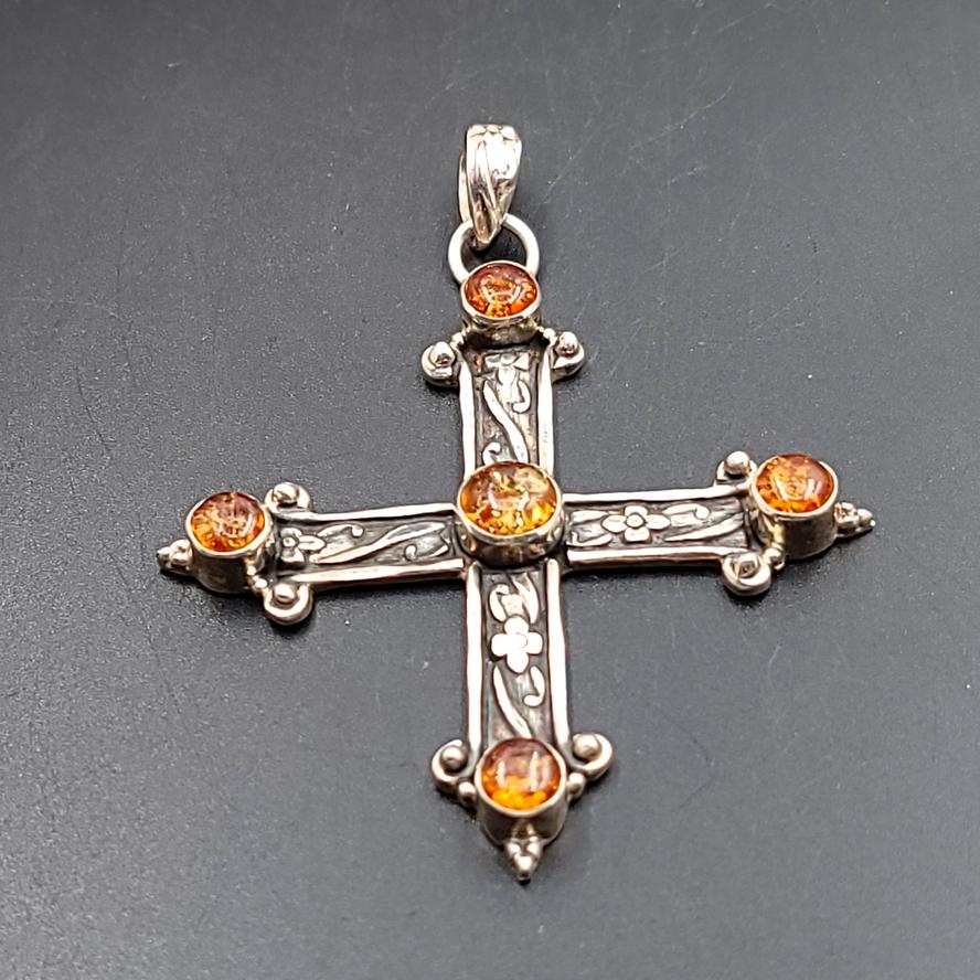 Amber Cross Sterling Silver Pendant - Elevated Metaphysical