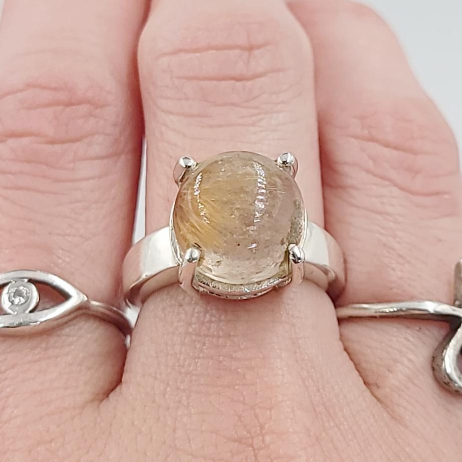 Rutilated Quartz Ring 6.5 ct Sterling Silver Golden Rutile - Elevated Metaphysical