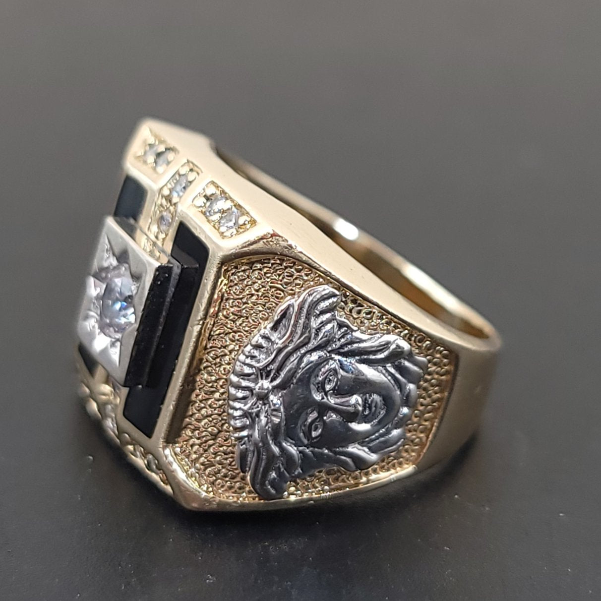 Onyx & CZ Ring 10kt Gold Two Tone Medusa - Elevated Metaphysical