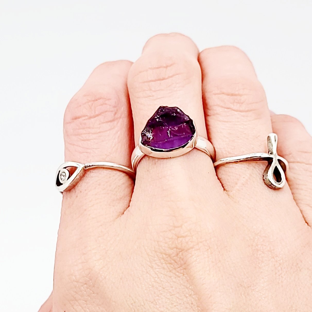 Amethyst Ring Sterling Silver Rough Stone Trillion Cut - Elevated Metaphysical