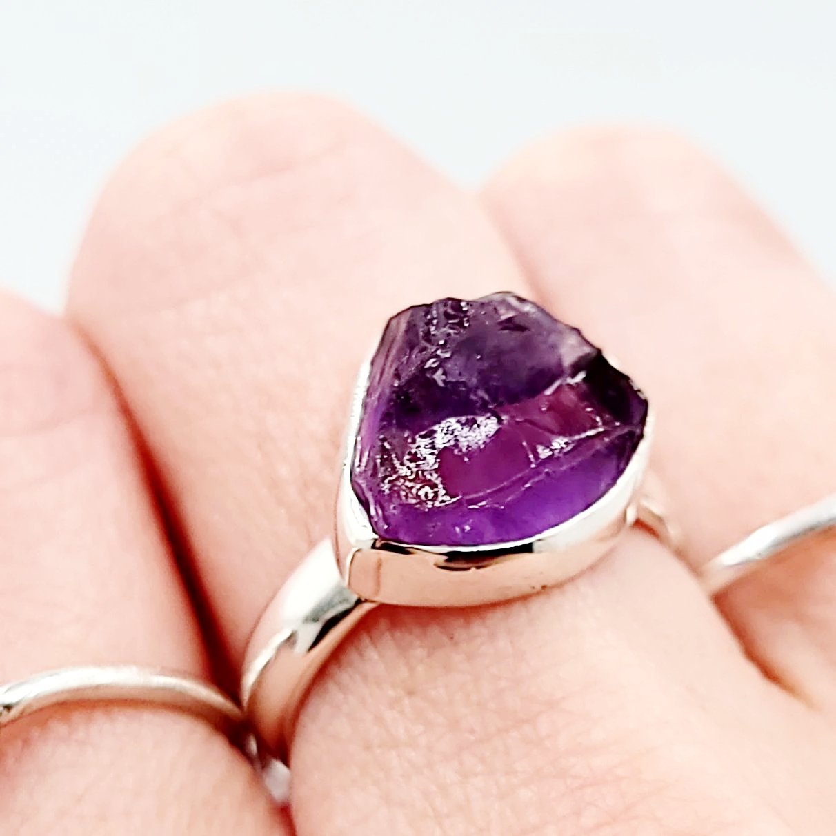 Amethyst Ring Sterling Silver Rough Stone Trillion Cut - Elevated Metaphysical