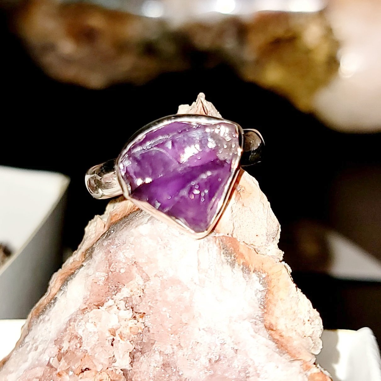 Amethyst Ring Sterling Silver Rough Stone Trillion Cut - Elevated Metaphysical