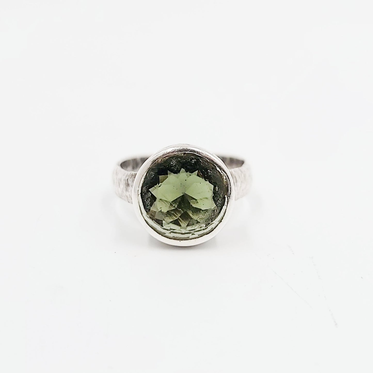 Moldavite Ring Sterling Silver Band Faceted Round - Elevated Metaphysical