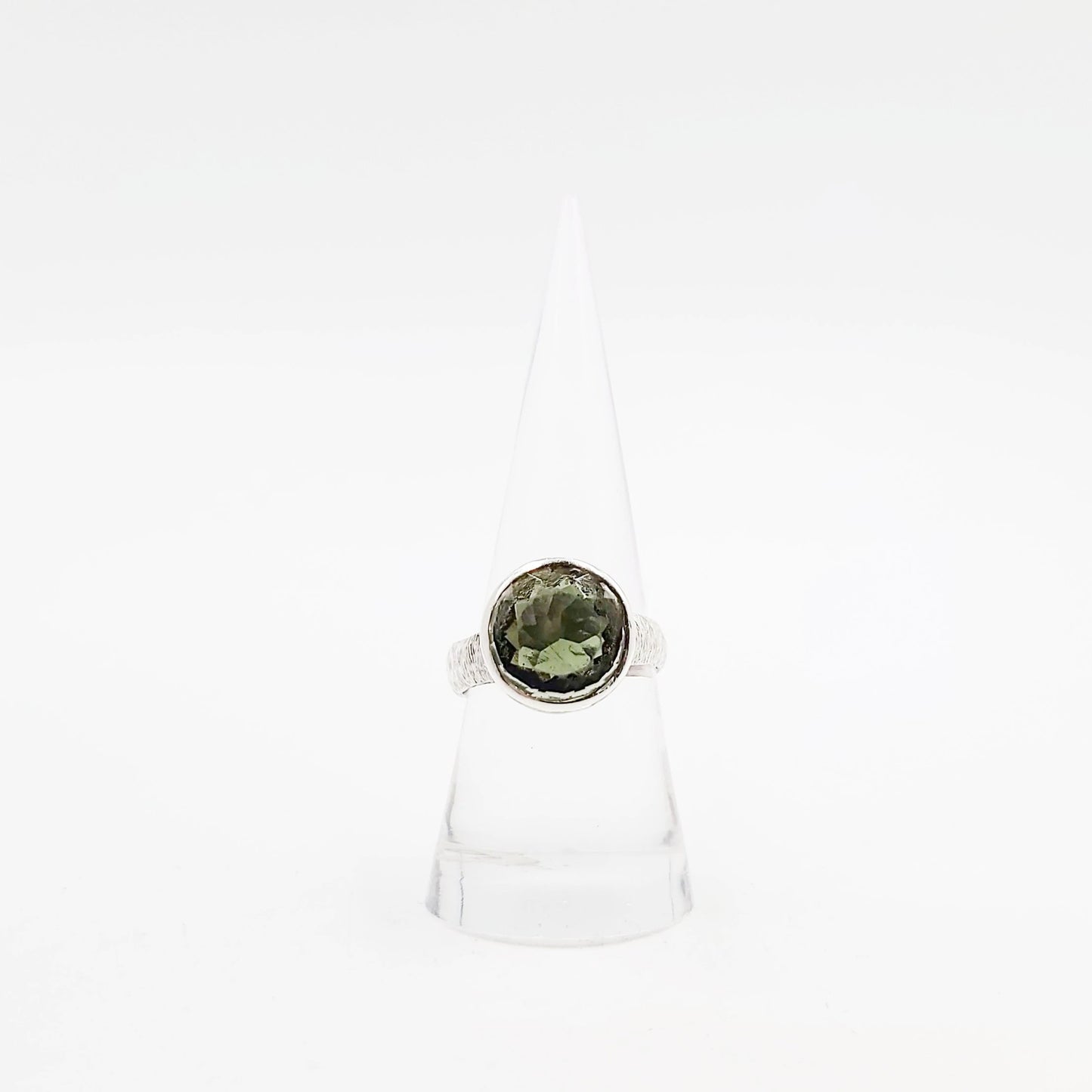 Moldavite Ring Sterling Silver Band Faceted Round - Elevated Metaphysical