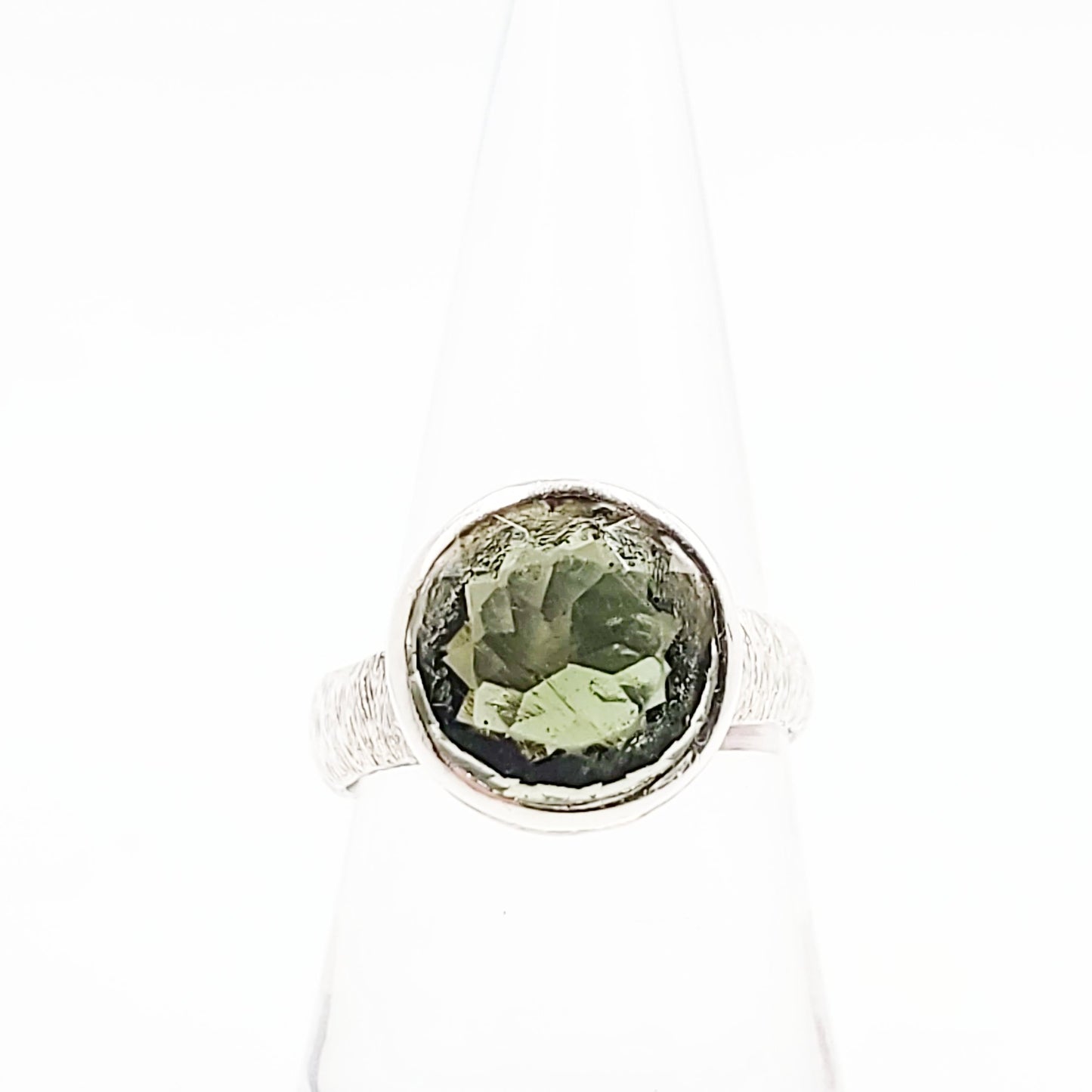 Moldavite Ring Sterling Silver Band Faceted Round - Elevated Metaphysical