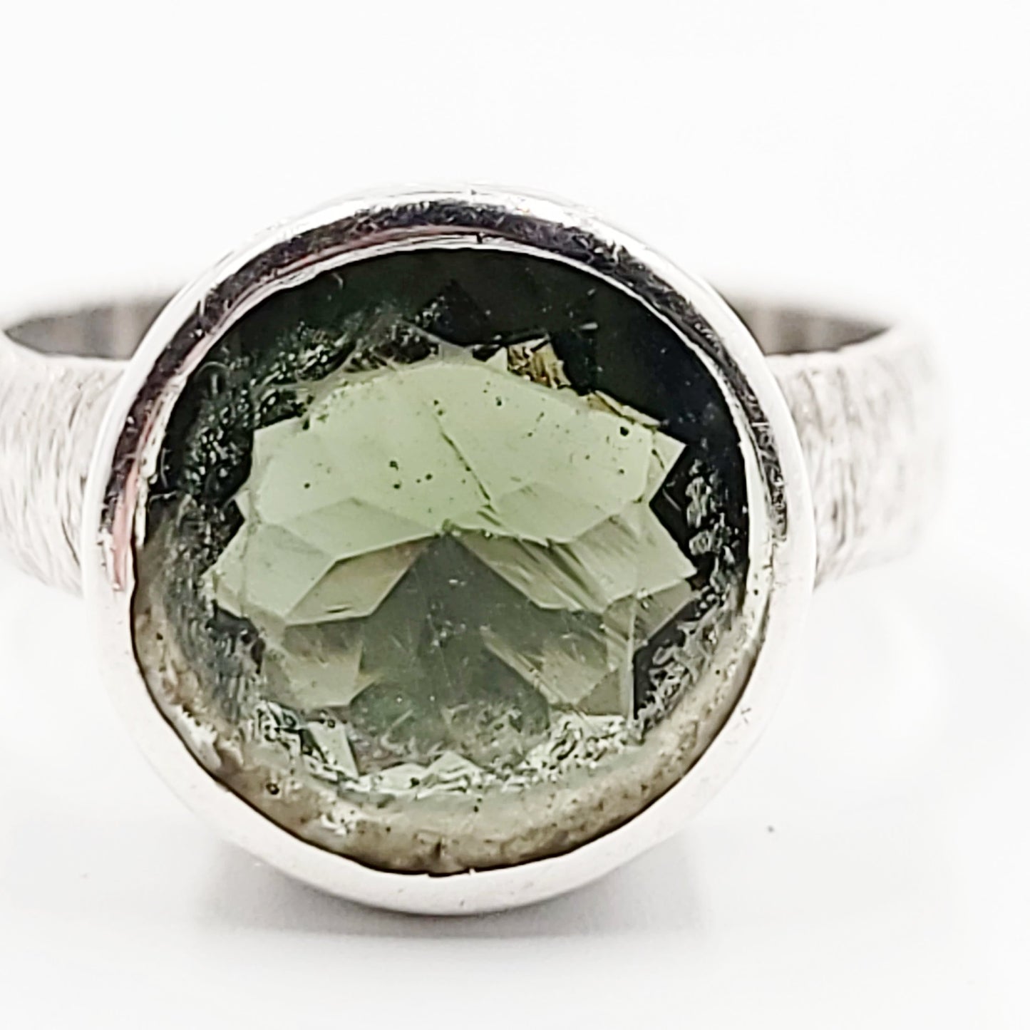 Moldavite Ring Sterling Silver Band Faceted Round - Elevated Metaphysical