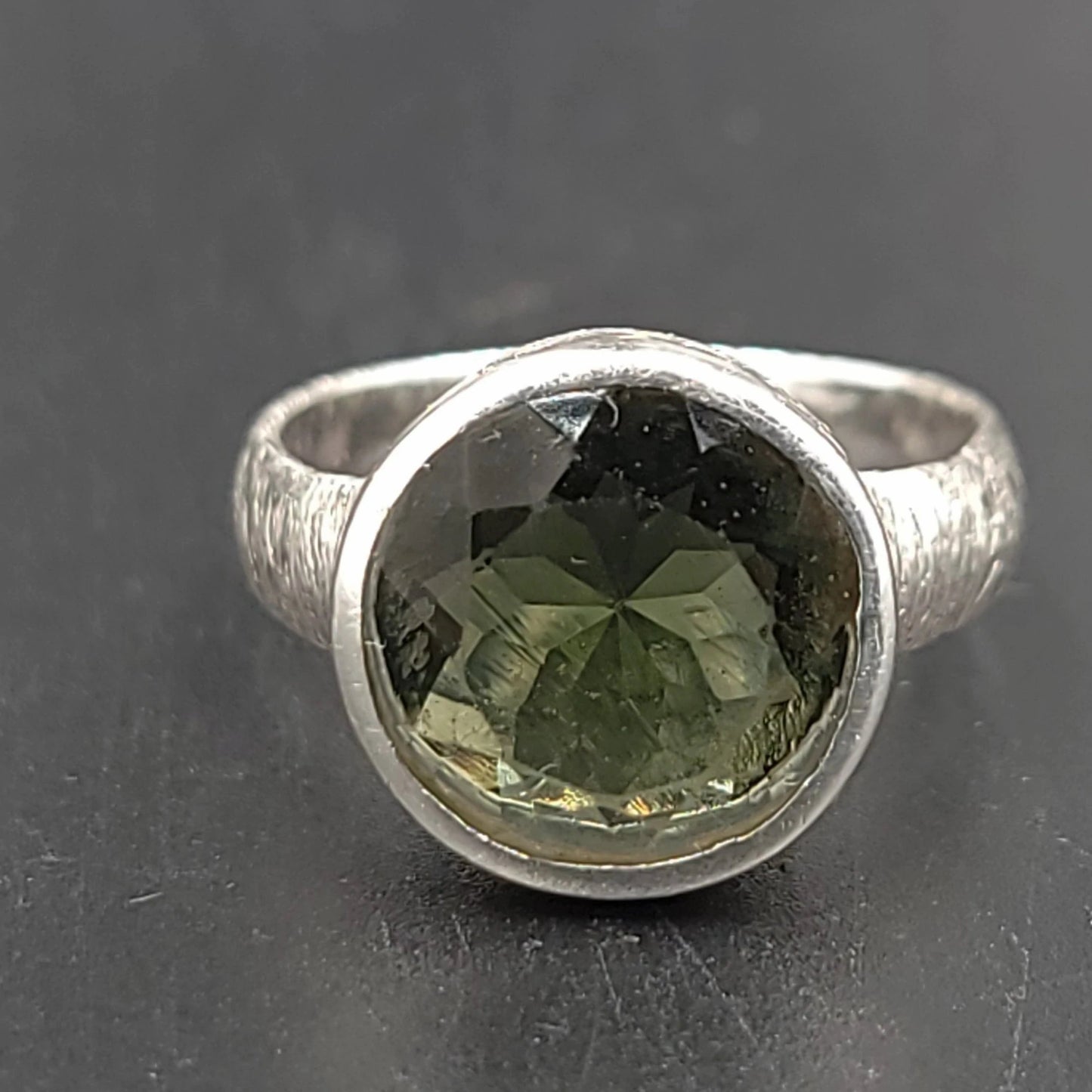 Moldavite Ring Sterling Silver Band Faceted Round - Elevated Metaphysical