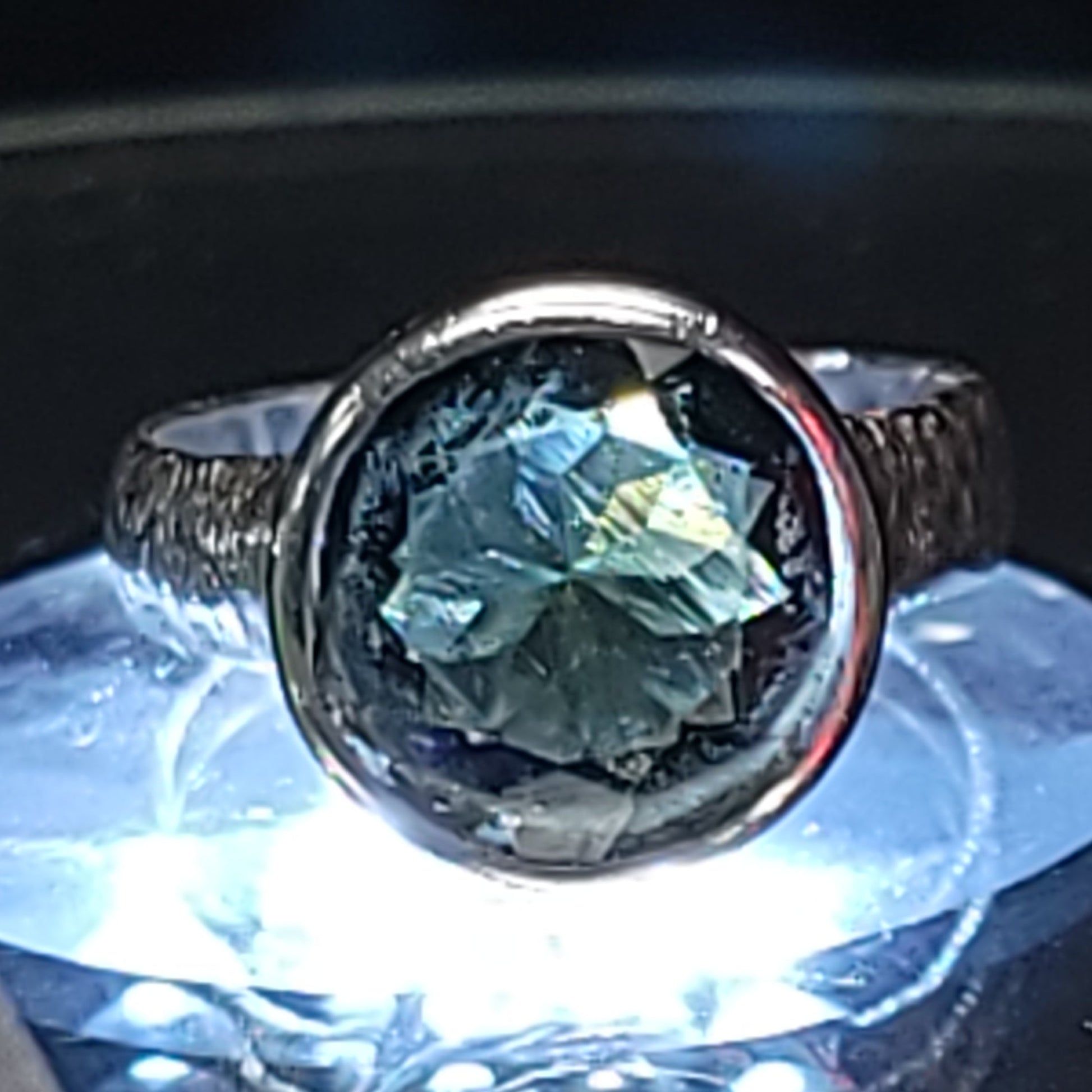 Moldavite Ring Sterling Silver Band Faceted Round - Elevated Metaphysical