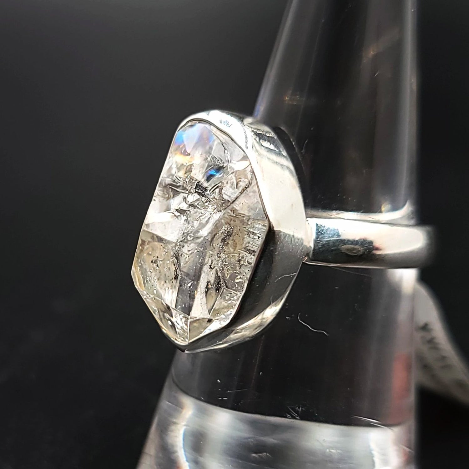 Herkimer Diamond Solitaire Ring Sterling Silver Band Rainbow HQ - Elevated Metaphysical