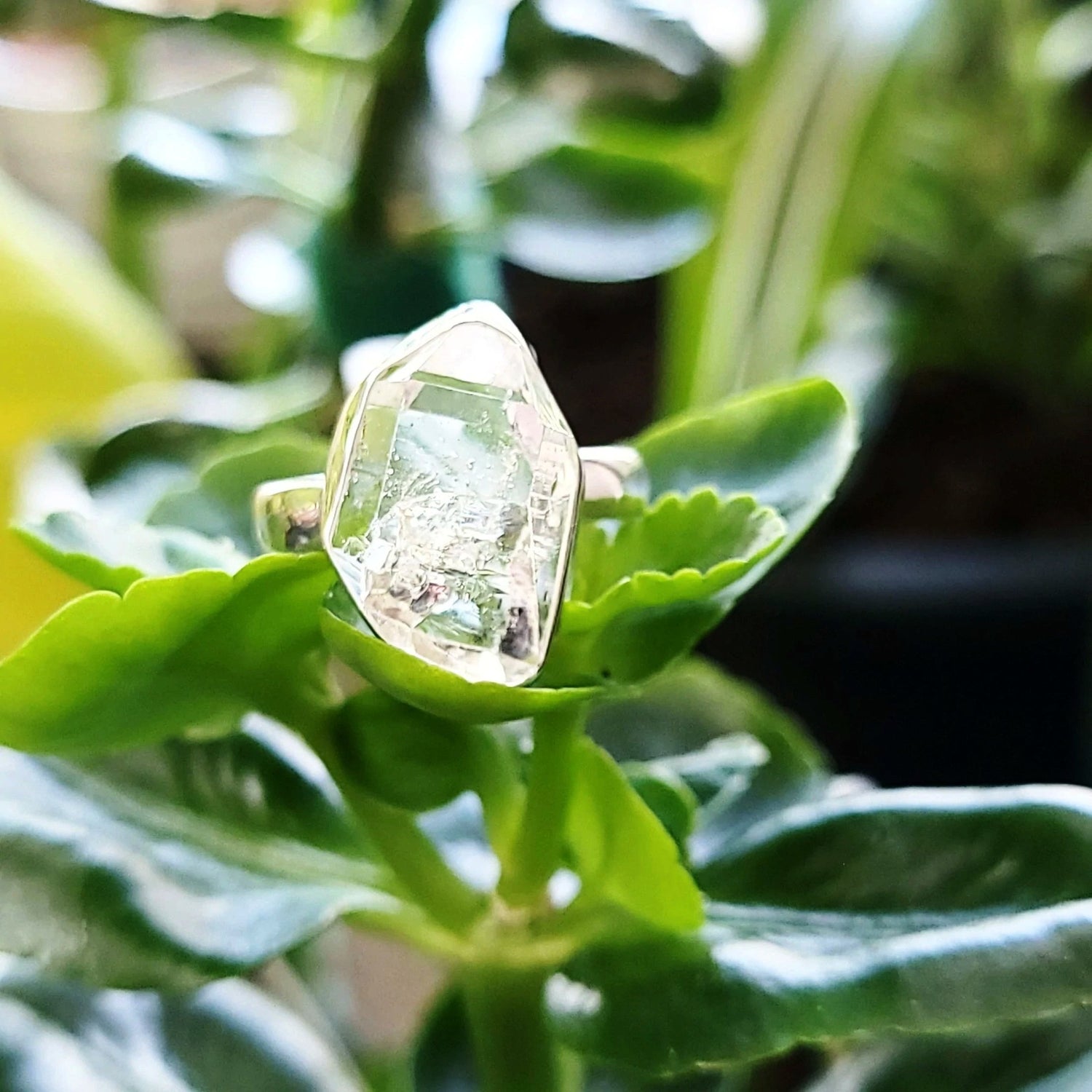 Herkimer Diamond Solitaire Ring Sterling Silver Band Rainbow HQ - Elevated Metaphysical