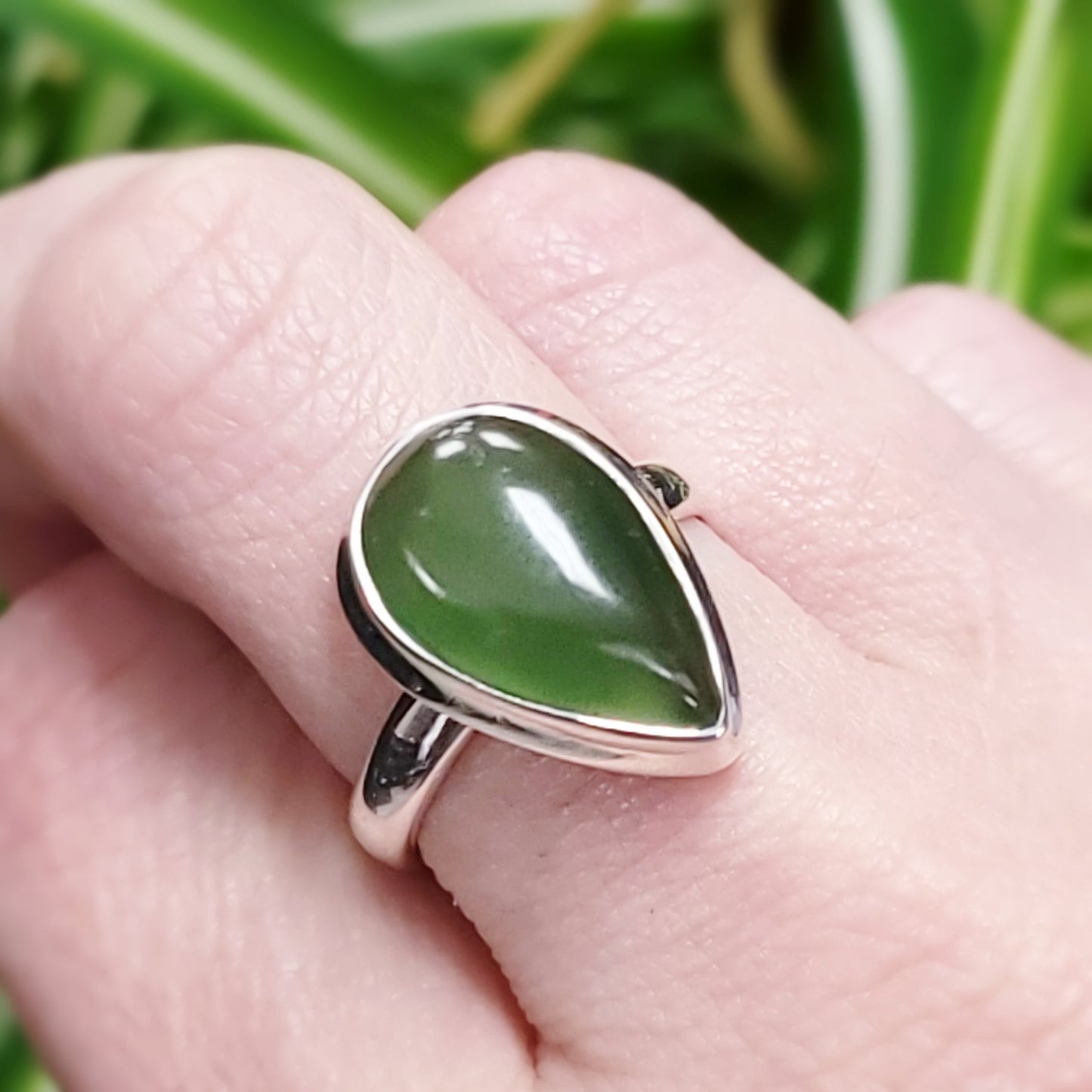 Nephrite Jade Ring Sterling Silver Band Tear Drop - Elevated Metaphysical