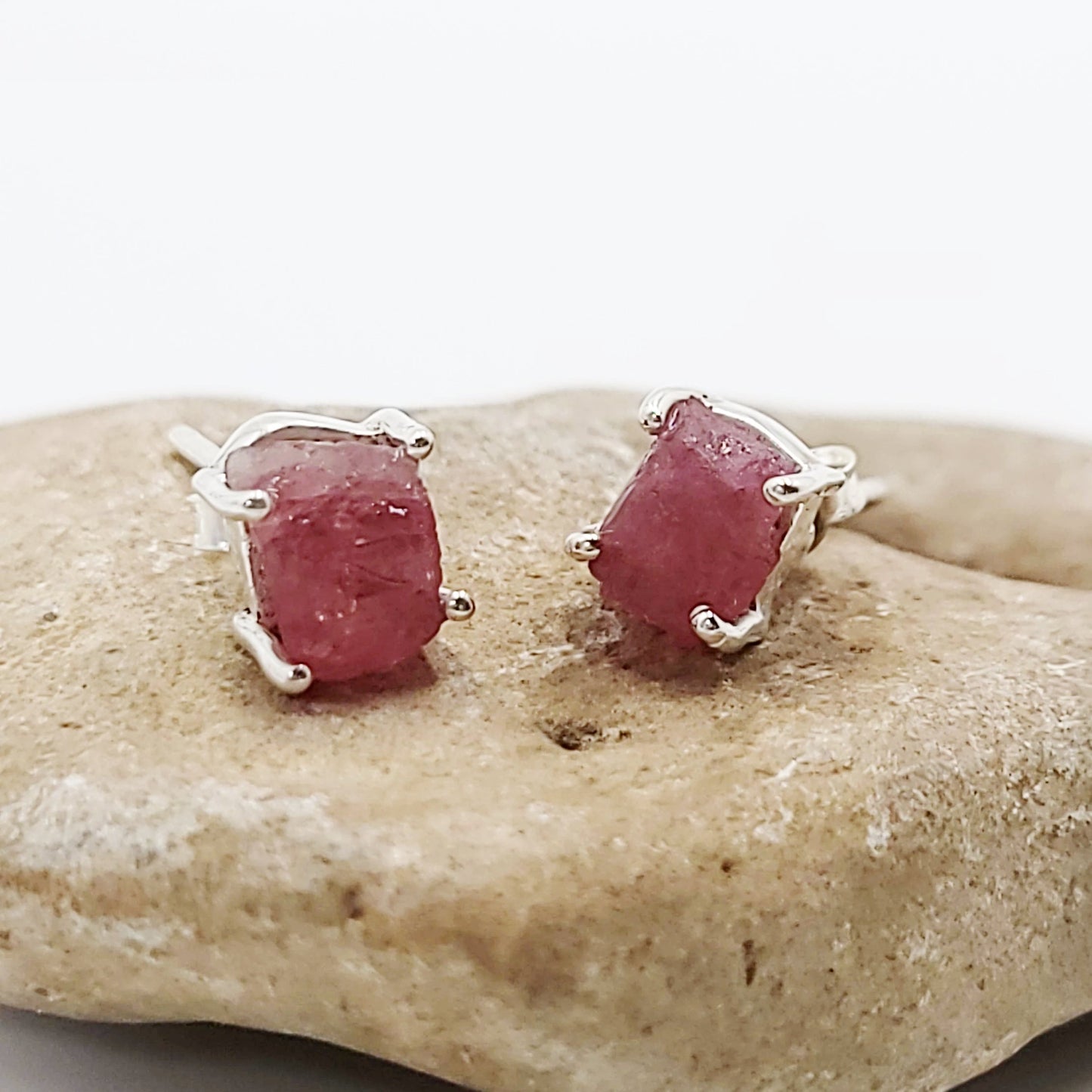 Pink Tourmaline Earrings Rough Sterling Silver Stud - Elevated Metaphysical