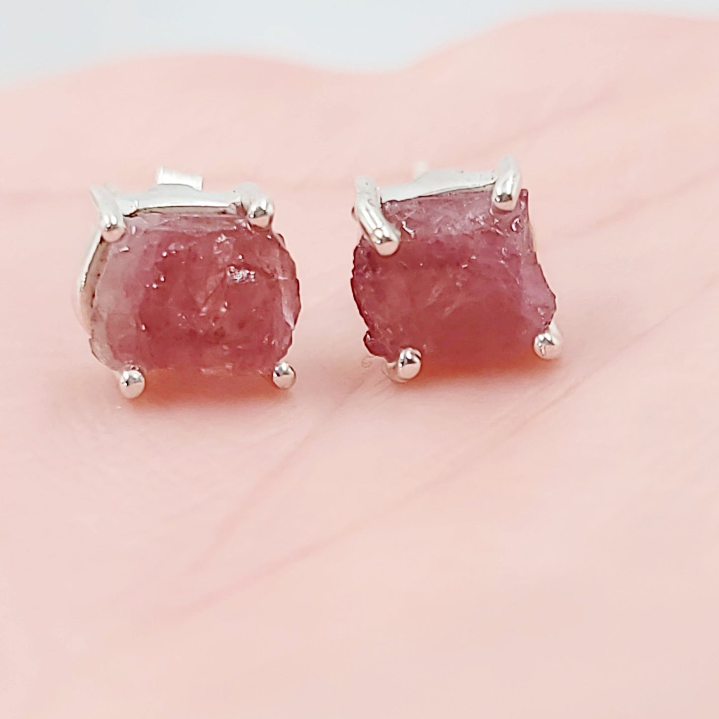 Pink Tourmaline Earrings Rough Sterling Silver Stud - Elevated Metaphysical