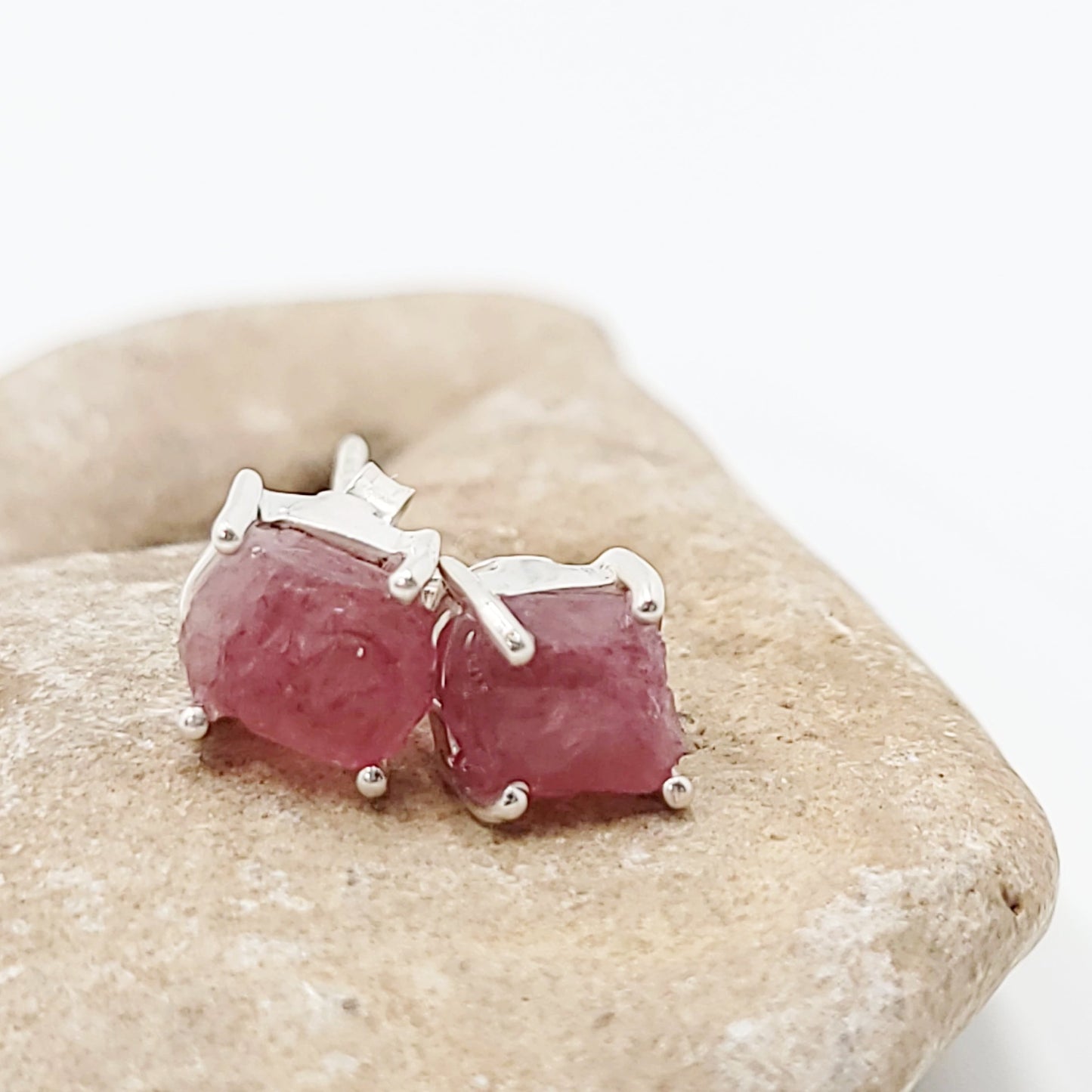 Pink Tourmaline Earrings Rough Sterling Silver Stud - Elevated Metaphysical