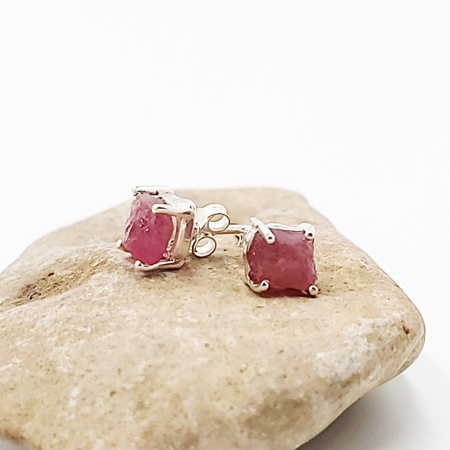 Pink Tourmaline Earrings Rough Sterling Silver Stud - Elevated Metaphysical