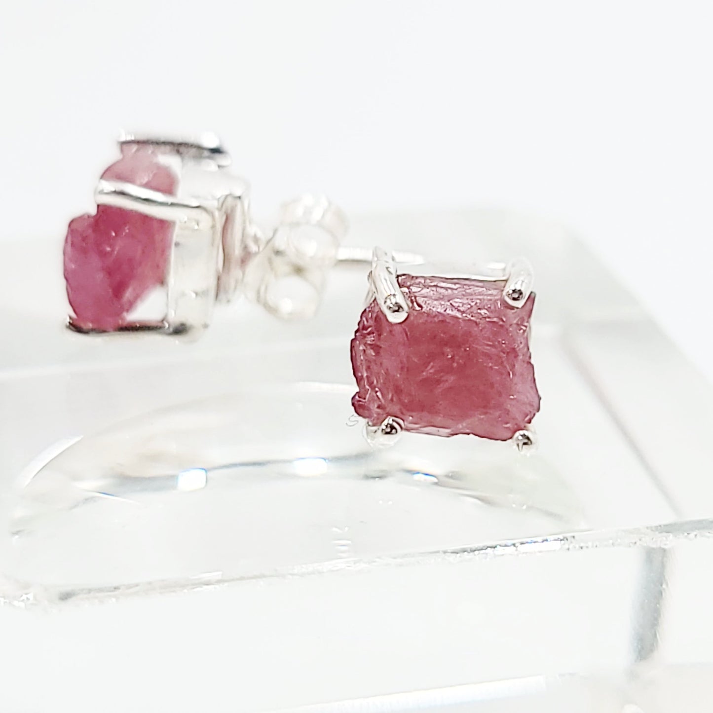 Pink Tourmaline Earrings Rough Sterling Silver Stud - Elevated Metaphysical