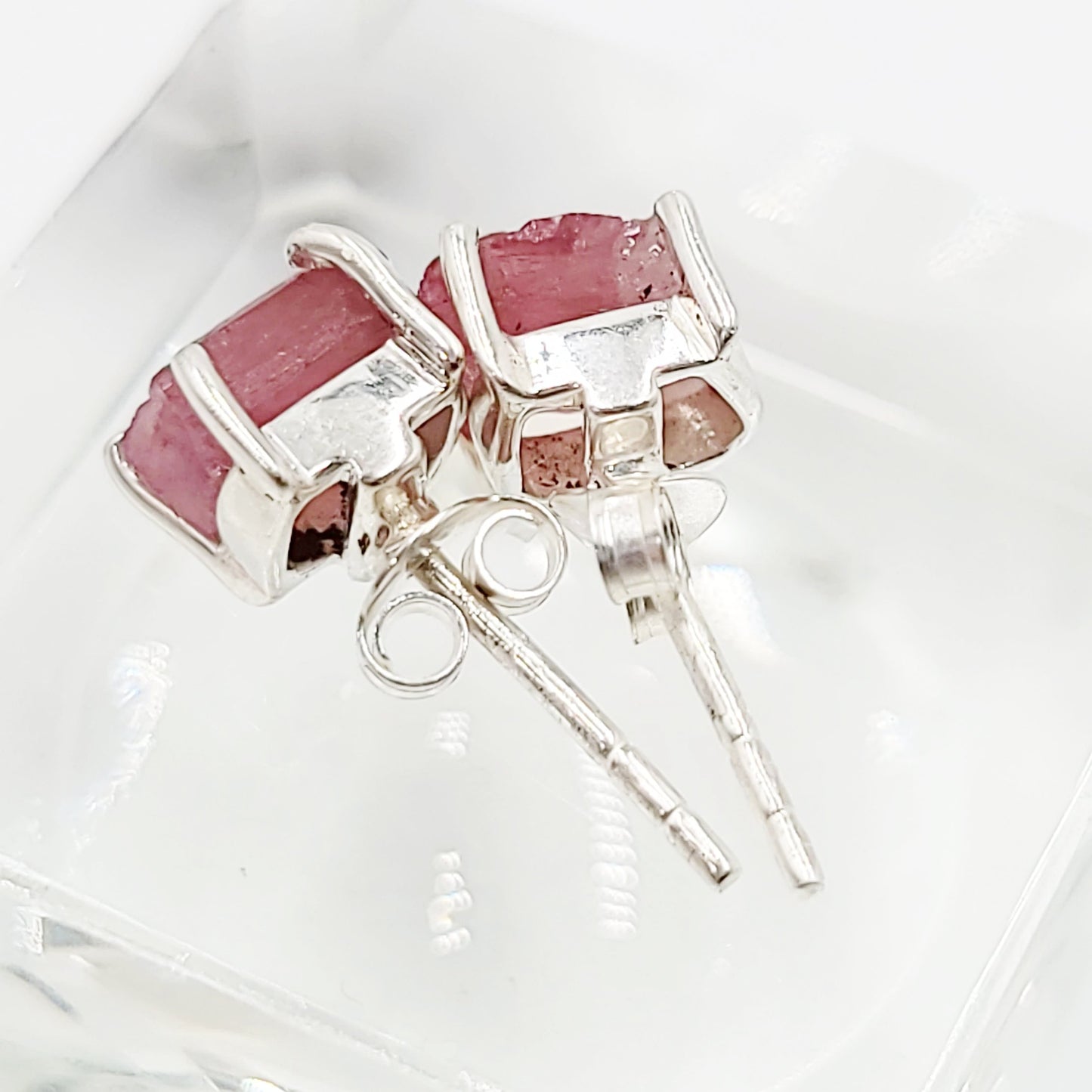 Pink Tourmaline Earrings Rough Sterling Silver Stud - Elevated Metaphysical