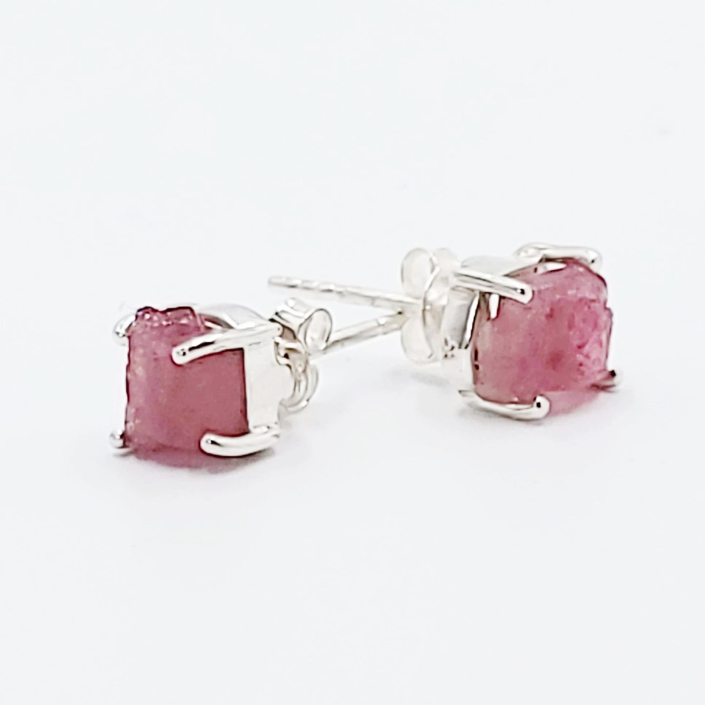 Pink Tourmaline Earrings Rough Sterling Silver Stud - Elevated Metaphysical