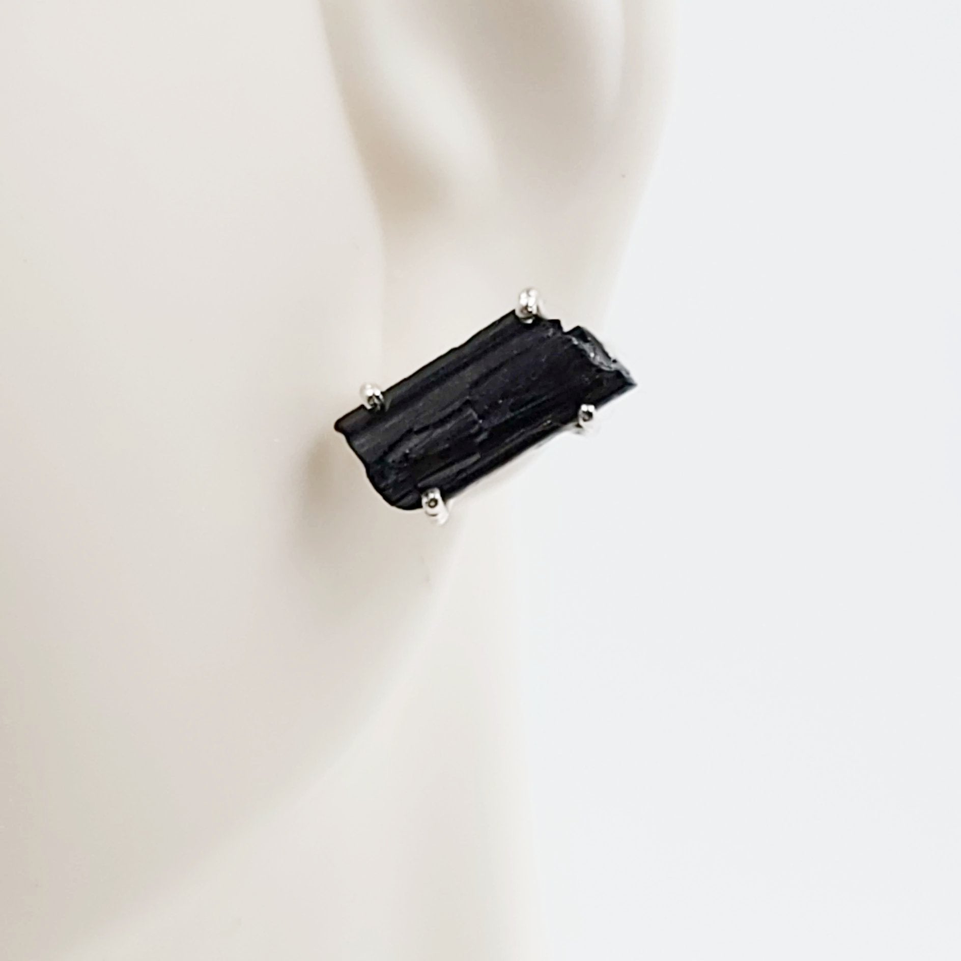 Black Tourmaline Earrings Rough Sterling Silver Stud - Elevated Metaphysical