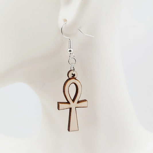 Wood Ankh Earrings Sterling Silver Dangle - Elevated Metaphysical