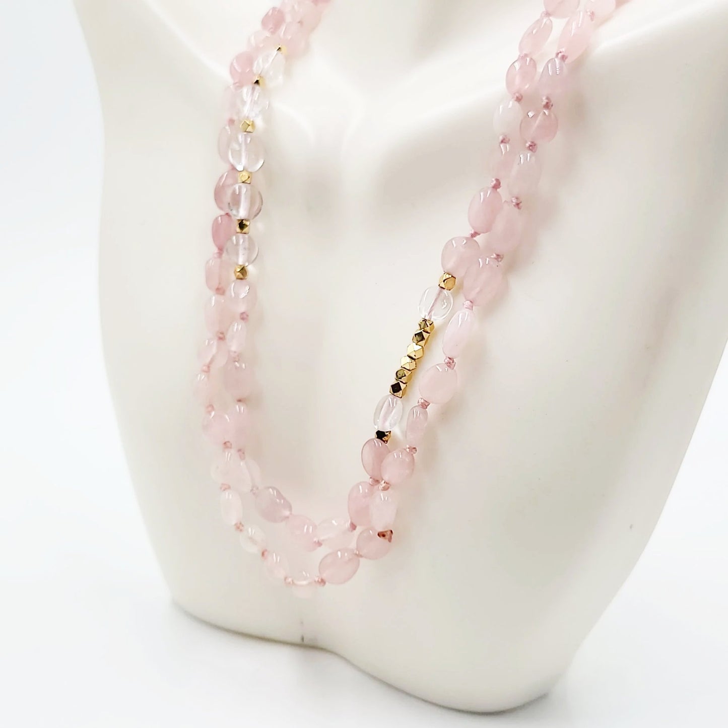 Rose Quartz & Clear Quartz Bead Necklace Tumbled Stones 30" - Elevated Metaphysical