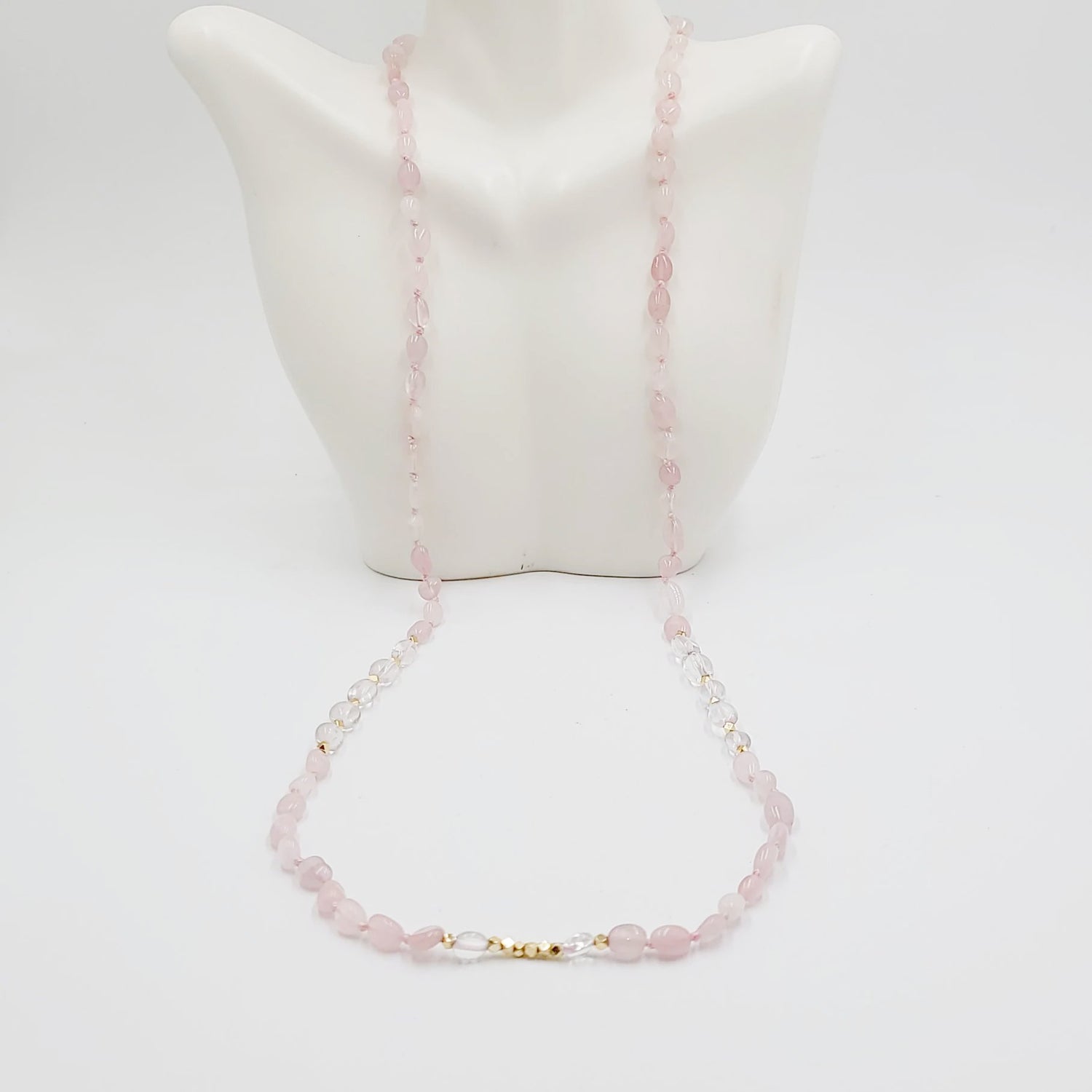 Rose Quartz & Clear Quartz Bead Necklace Tumbled Stones 30" - Elevated Metaphysical