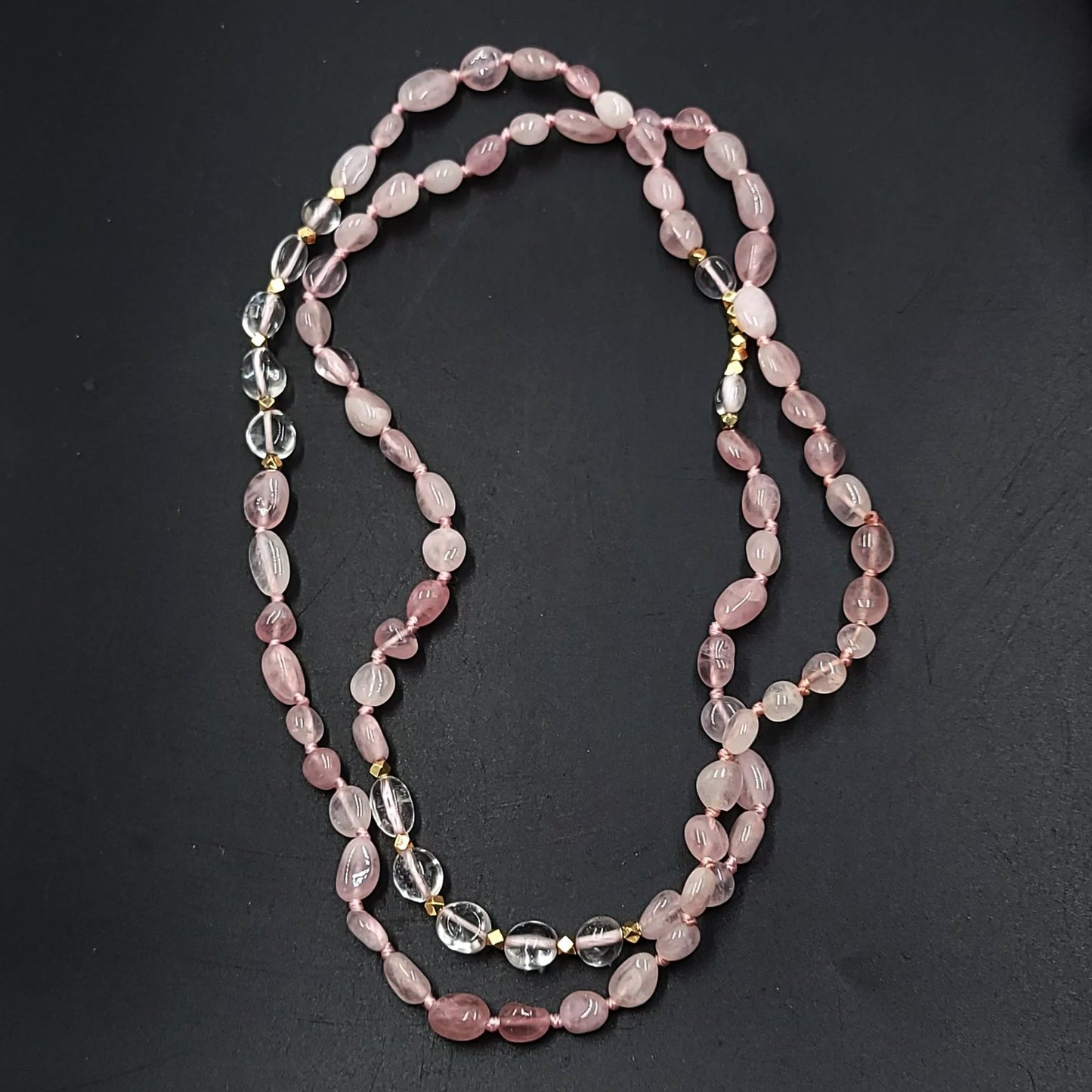 Rose Quartz & Clear Quartz Bead Necklace Tumbled Stones 30" - Elevated Metaphysical