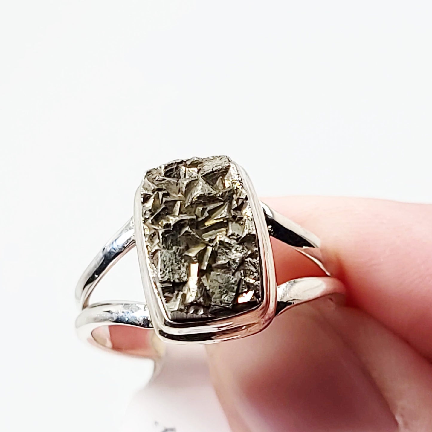 Pyrite Ring Sterling Silver Band Rough Stone Rectangle - Elevated Metaphysical