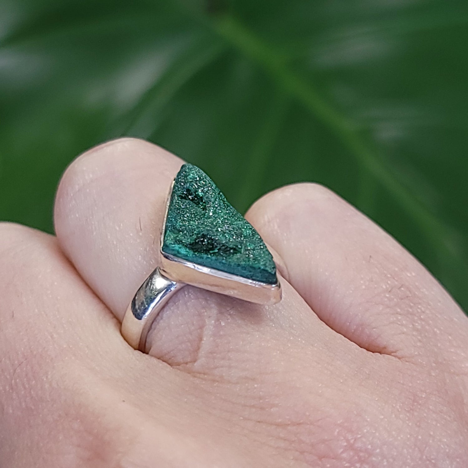 Malachite Ring Sterling Silver Druzy Rough Stone Trillion Cut - Elevated Metaphysical