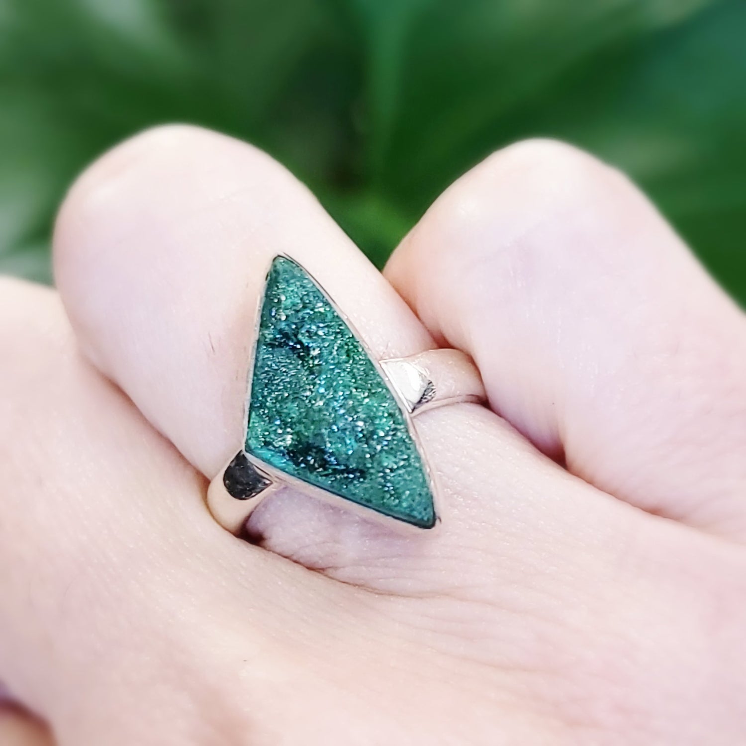 Malachite Ring Sterling Silver Druzy Rough Stone Trillion Cut - Elevated Metaphysical
