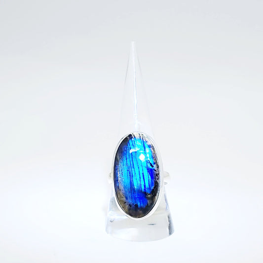 Labradorite Ring Sterling Silver Ring Rainbow Blue Flash Large - Elevated Metaphysical