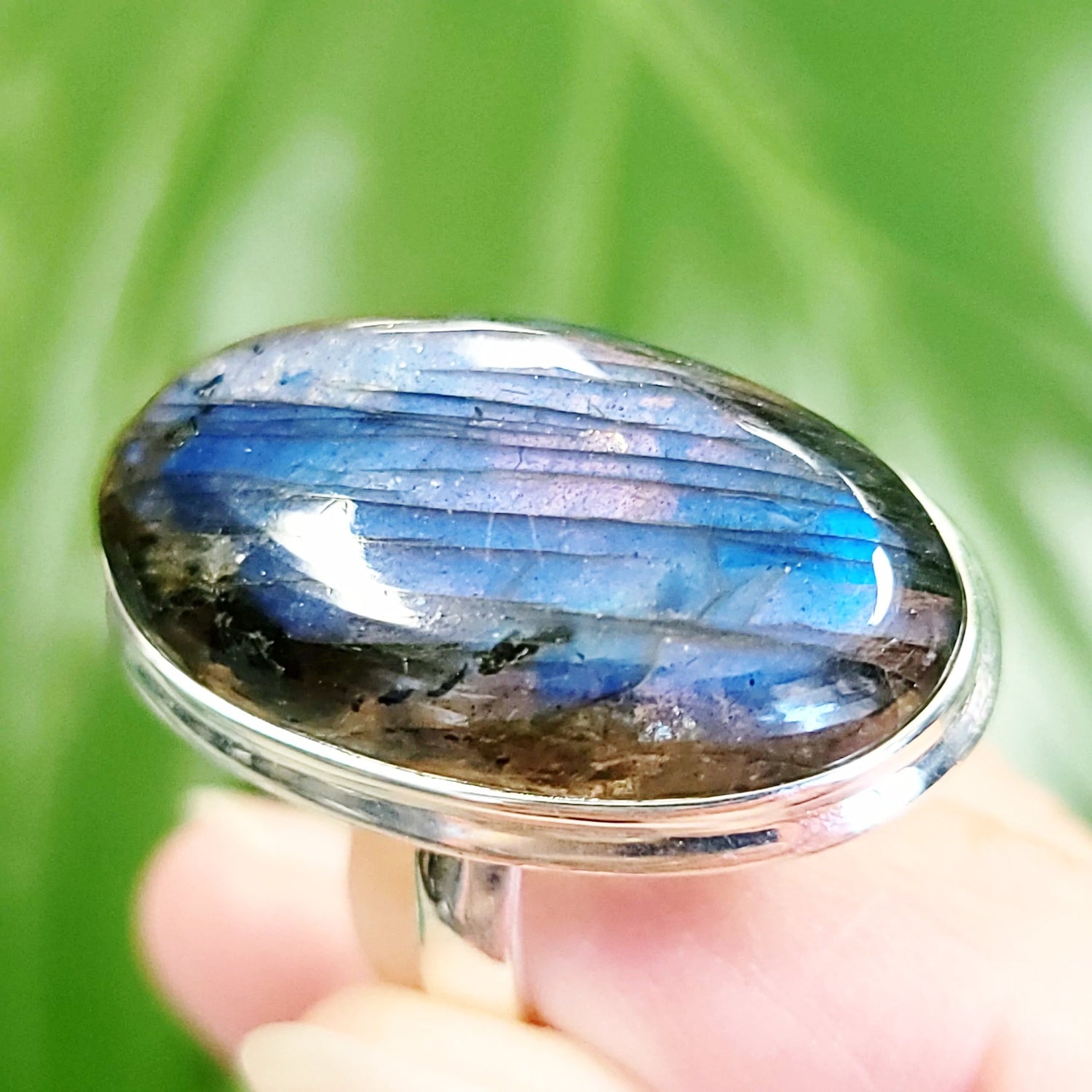 Labradorite Ring Sterling Silver Ring Rainbow Blue Flash Large - Elevated Metaphysical