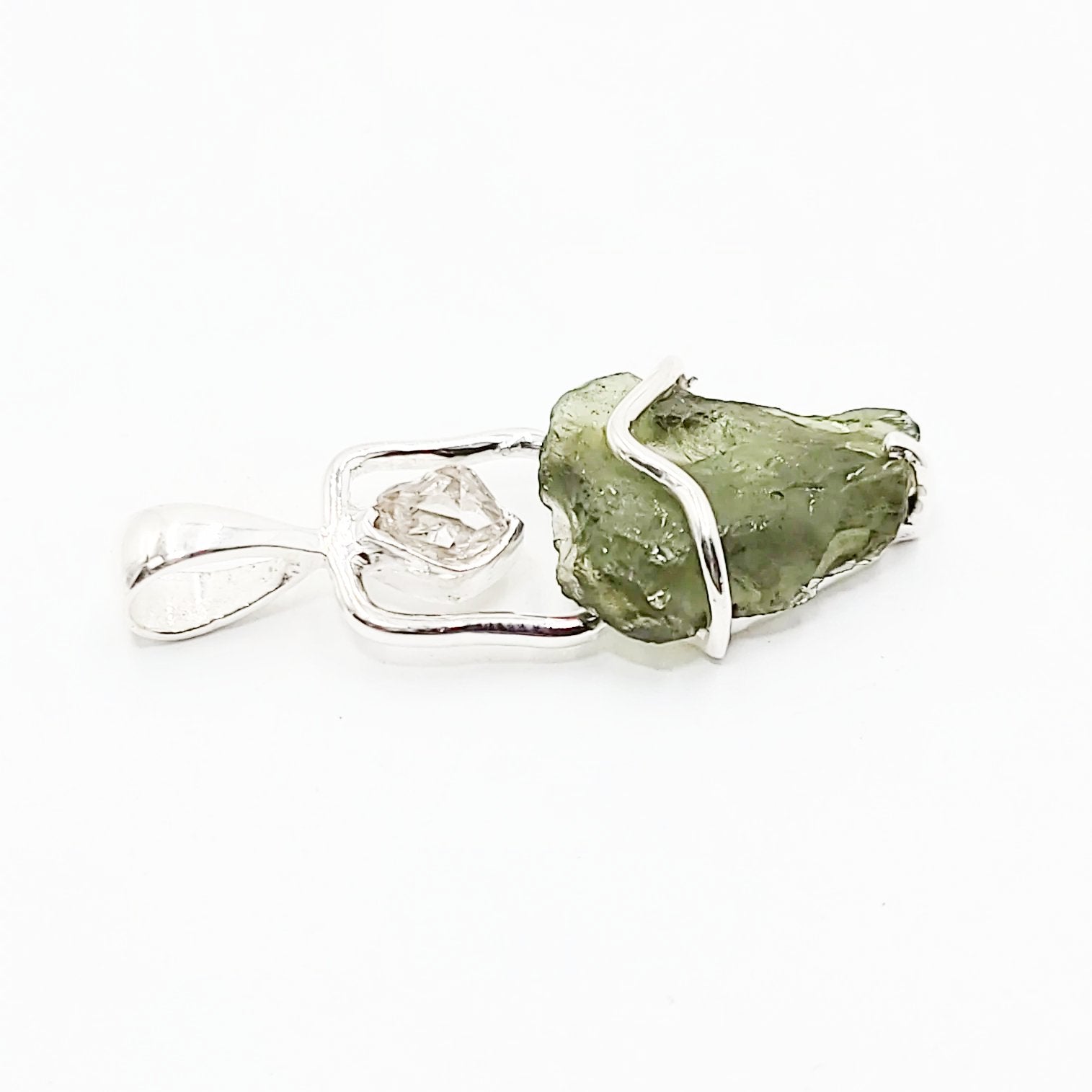 Moldavite & Herkimer Diamond Pendant Sterling Silver Rough Free Form - Elevated Metaphysical