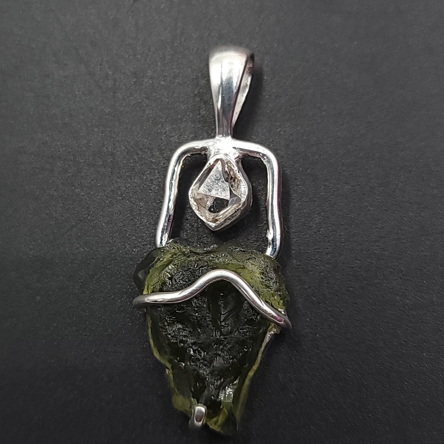 Moldavite & Herkimer Diamond Pendant Sterling Silver Rough Free Form - Elevated Metaphysical