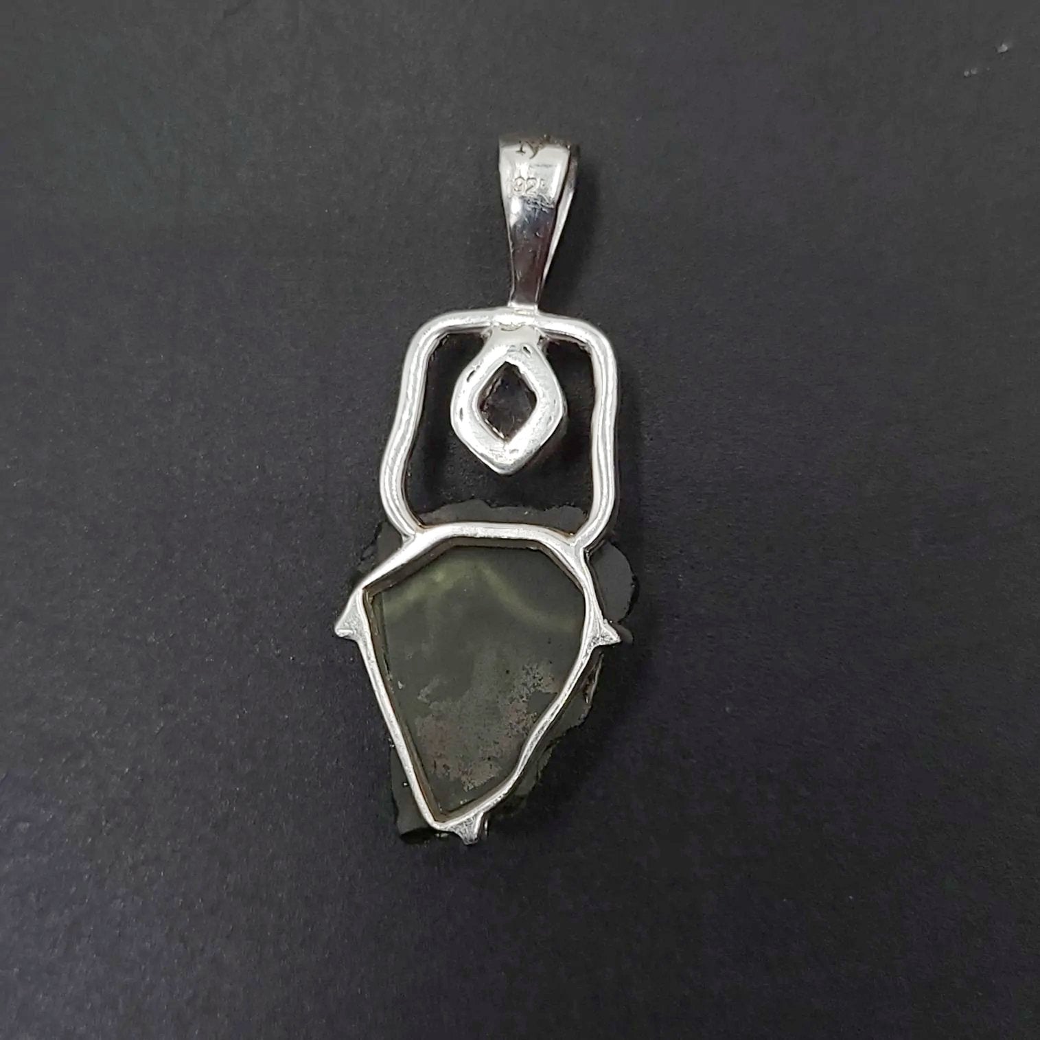 Moldavite & Herkimer Diamond Pendant Sterling Silver Rough Free Form - Elevated Metaphysical